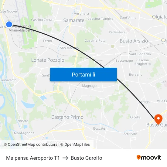 Malpensa Aeroporto T1 to Busto Garolfo map