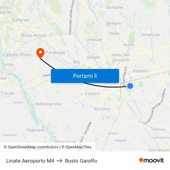 Linate Aeroporto M4 to Busto Garolfo map