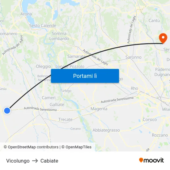 Vicolungo to Cabiate map