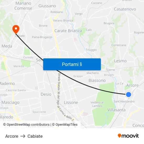Arcore to Cabiate map