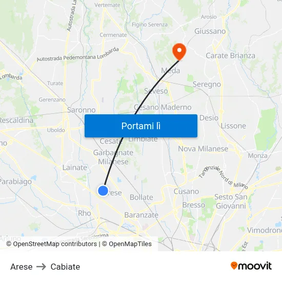 Arese to Cabiate map