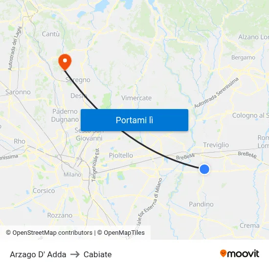 Arzago D' Adda to Cabiate map