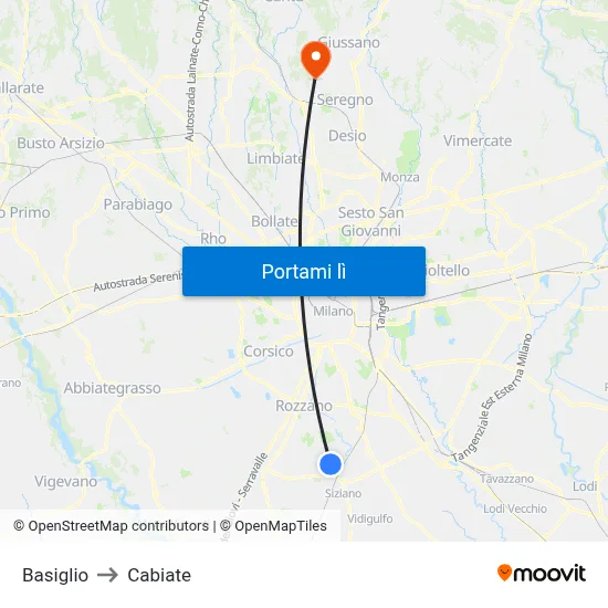 Basiglio to Cabiate map