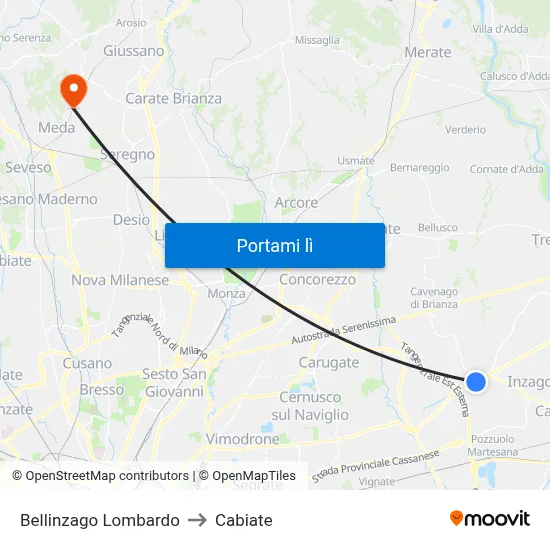 Bellinzago Lombardo to Cabiate map