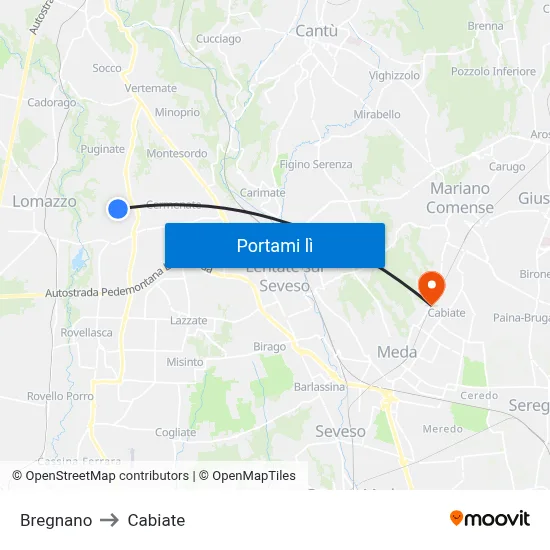 Bregnano to Cabiate map