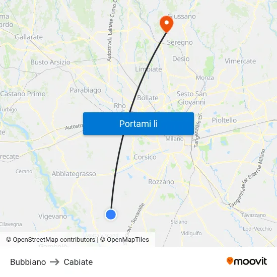 Bubbiano to Cabiate map