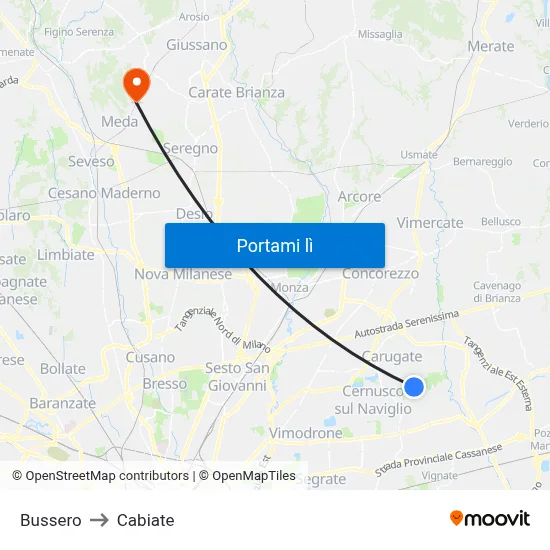 Bussero to Cabiate map