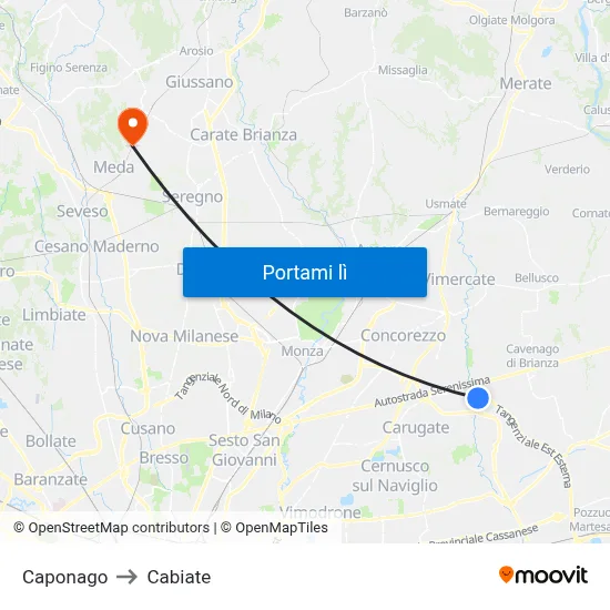 Caponago to Cabiate map