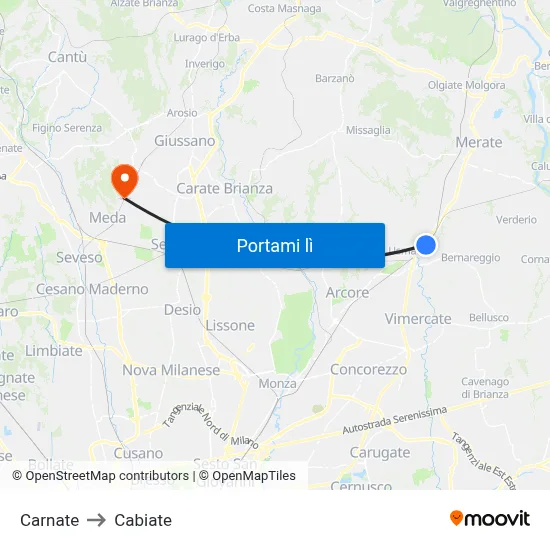 Carnate to Cabiate map