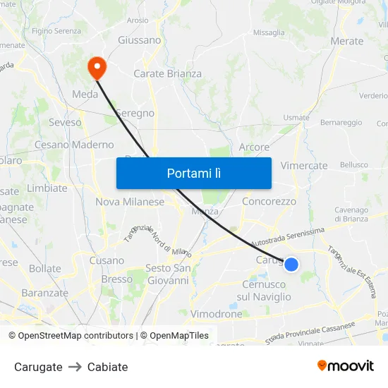 Carugate to Cabiate map