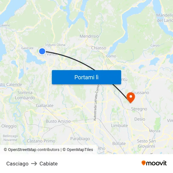 Casciago to Cabiate map