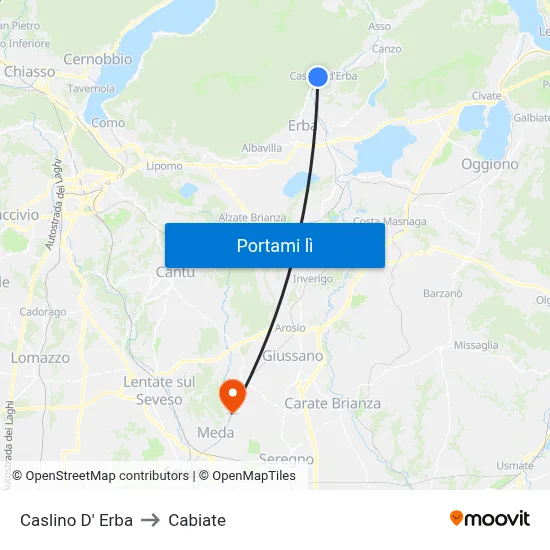 Caslino D' Erba to Cabiate map
