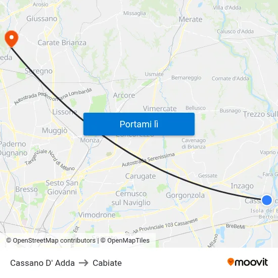 Cassano D' Adda to Cabiate map