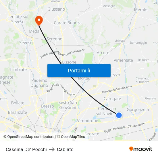 Cassina De' Pecchi to Cabiate map