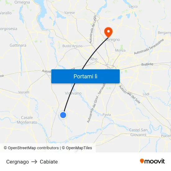 Cergnago to Cabiate map