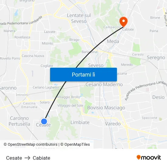 Cesate to Cabiate map