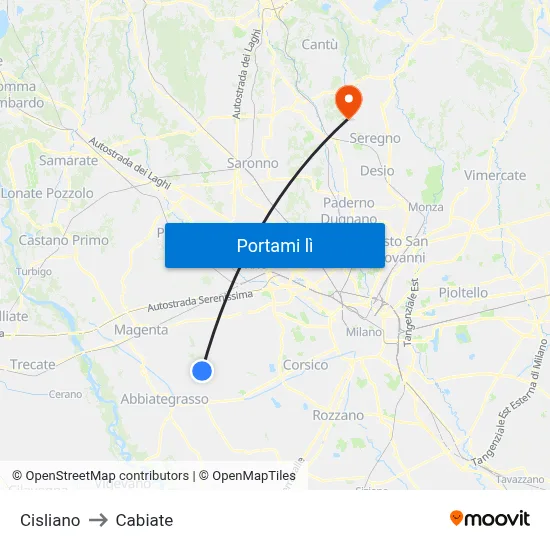 Cisliano to Cabiate map