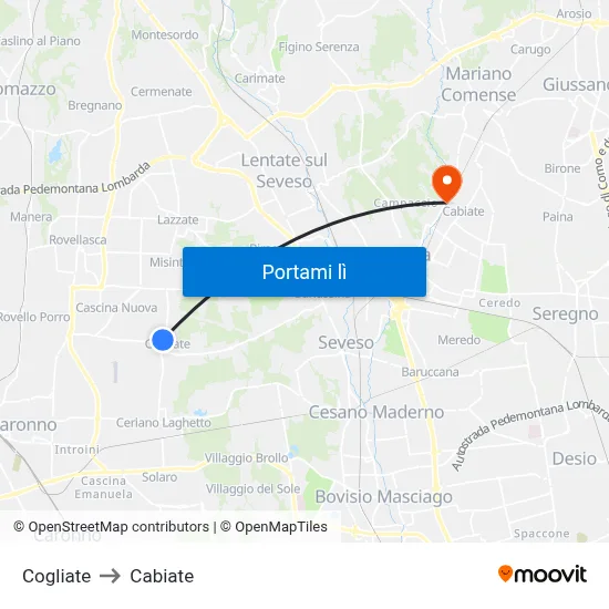 Cogliate to Cabiate map