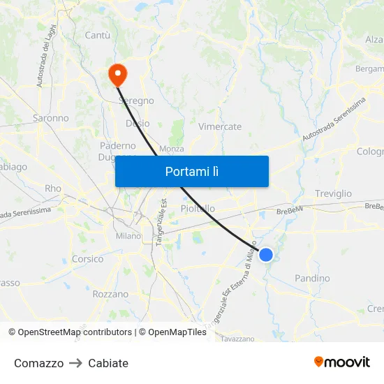 Comazzo to Cabiate map