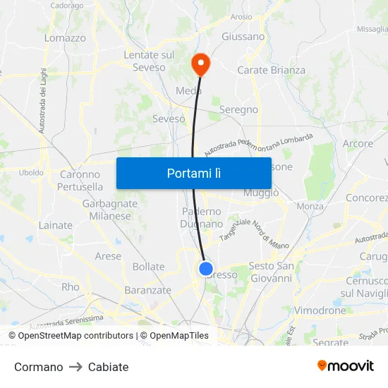 Cormano to Cabiate map
