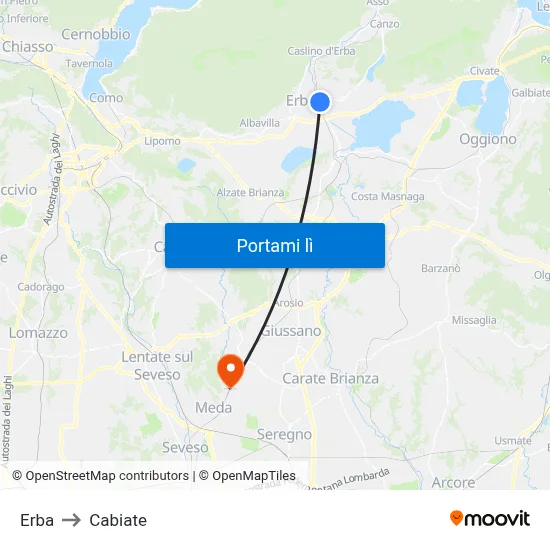 Erba to Cabiate map