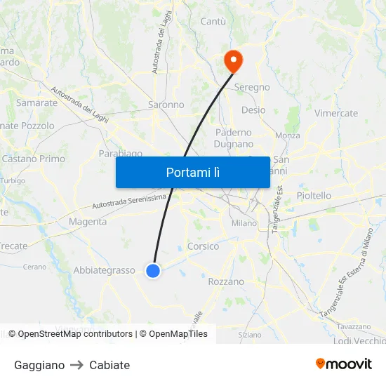 Gaggiano to Cabiate map