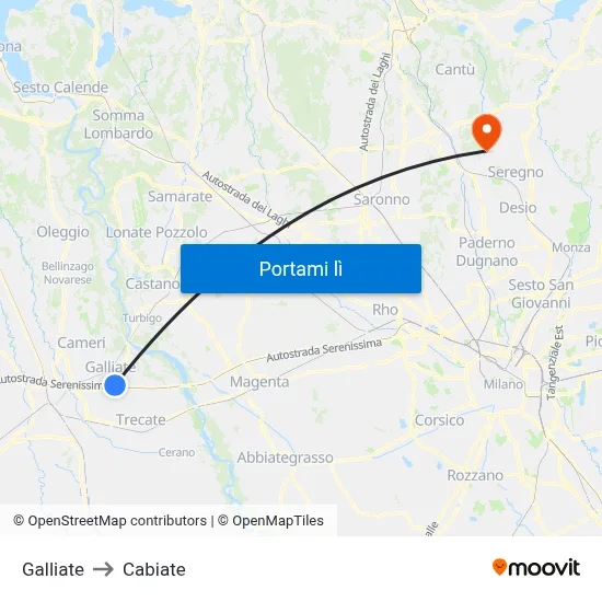 Galliate to Cabiate map