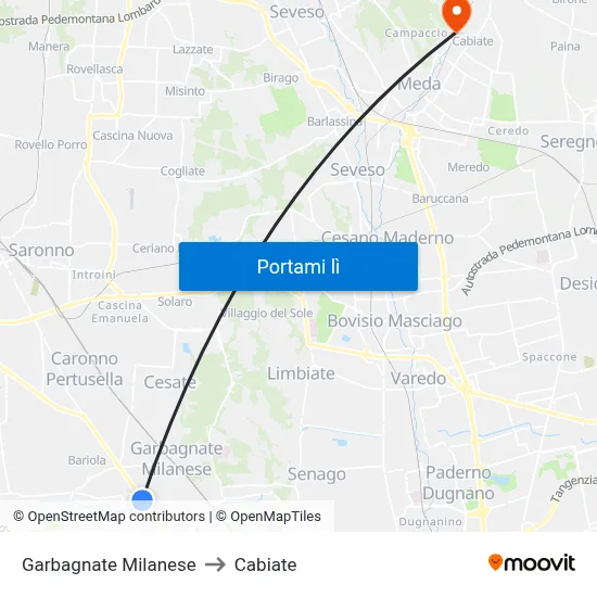 Garbagnate Milanese to Cabiate map