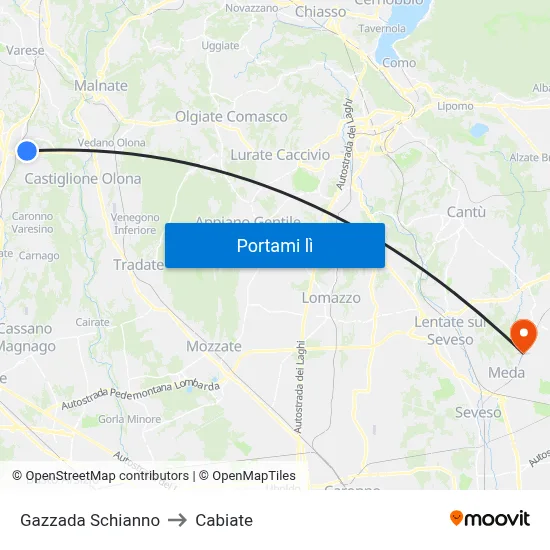 Gazzada Schianno to Cabiate map