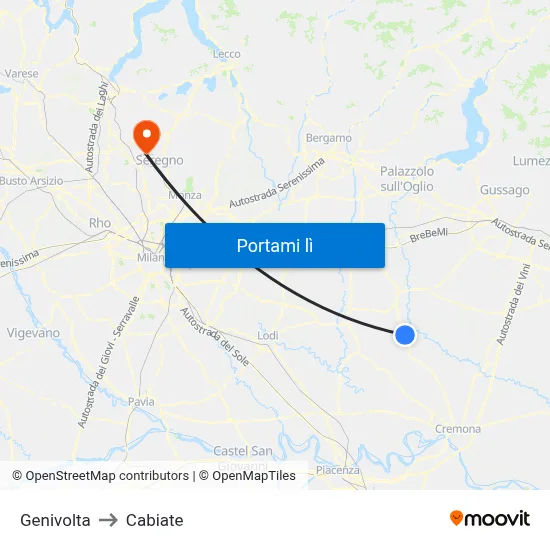 Genivolta to Cabiate map
