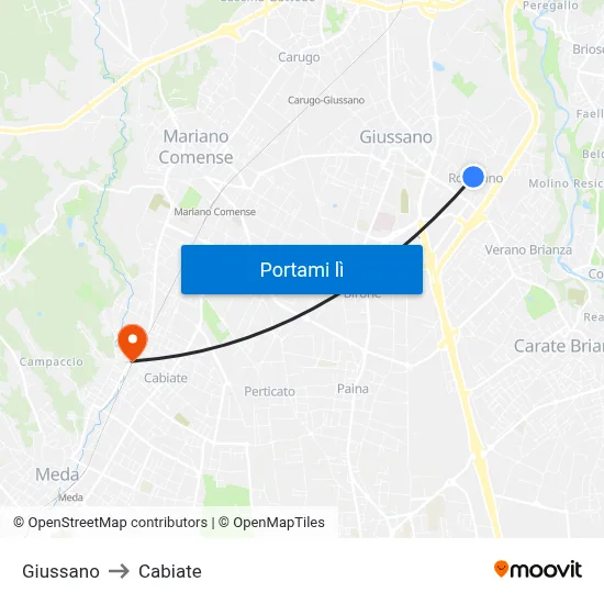 Giussano to Cabiate map
