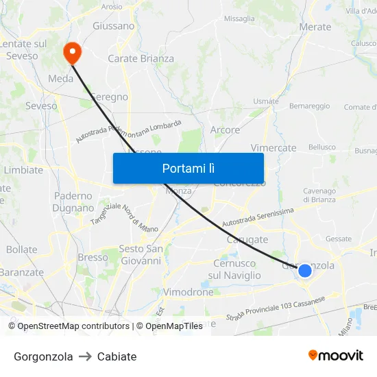 Gorgonzola to Cabiate map