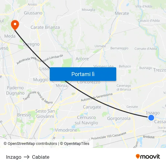 Inzago to Cabiate map