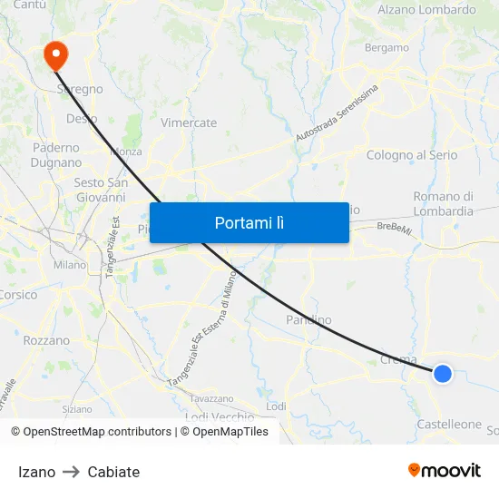 Izano to Cabiate map
