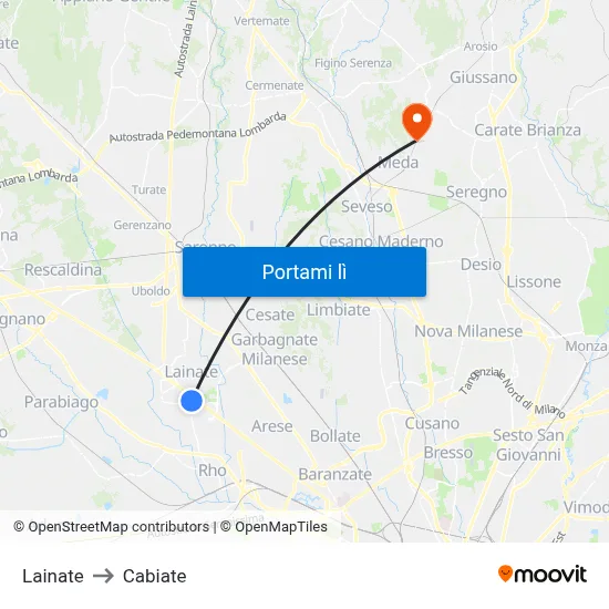 Lainate to Cabiate map