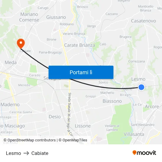 Lesmo to Cabiate map