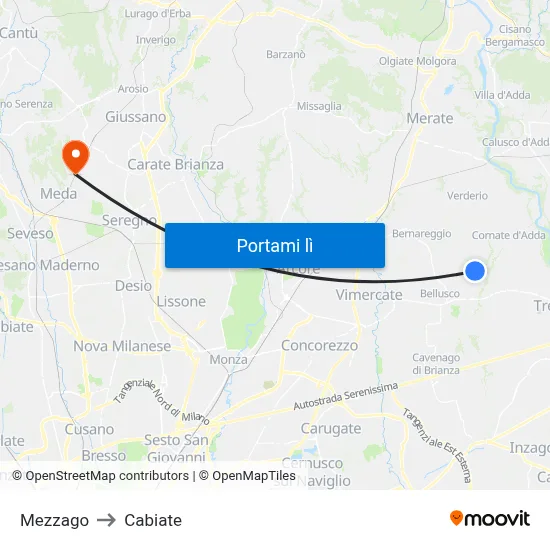Mezzago to Cabiate map