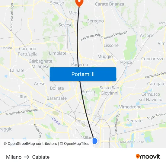 Milano to Cabiate map