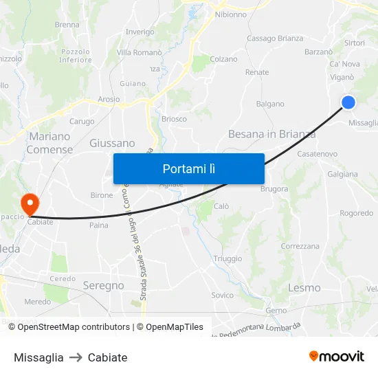 Missaglia to Cabiate map
