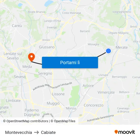 Montevecchia to Cabiate map
