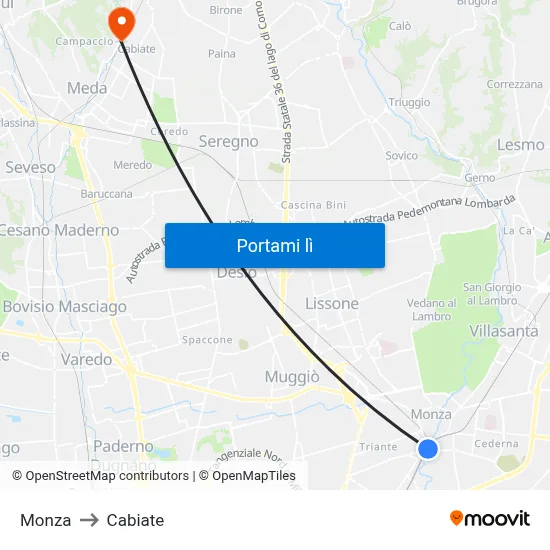 Monza to Cabiate map