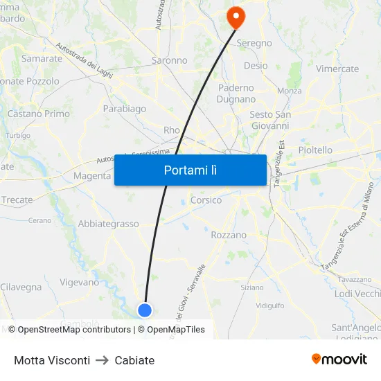 Motta Visconti to Cabiate map