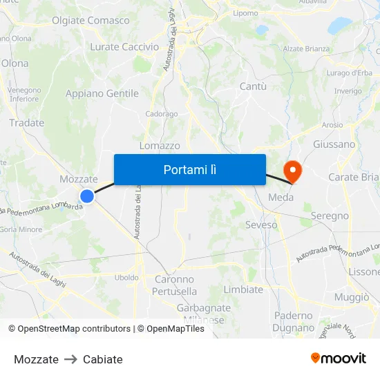 Mozzate to Cabiate map