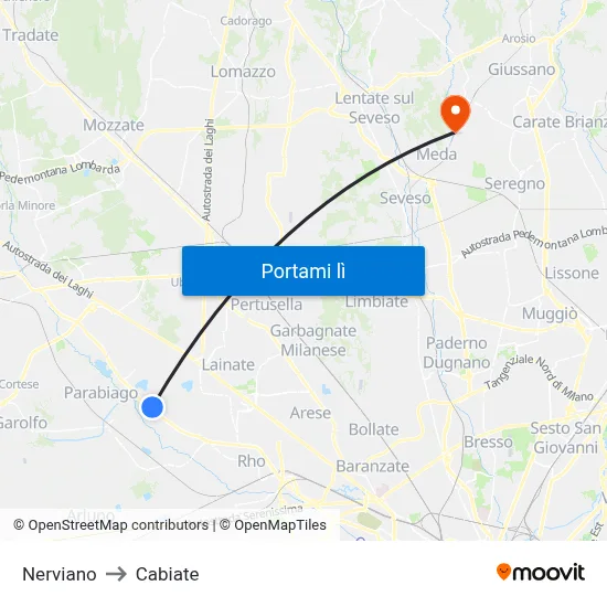 Nerviano to Cabiate map