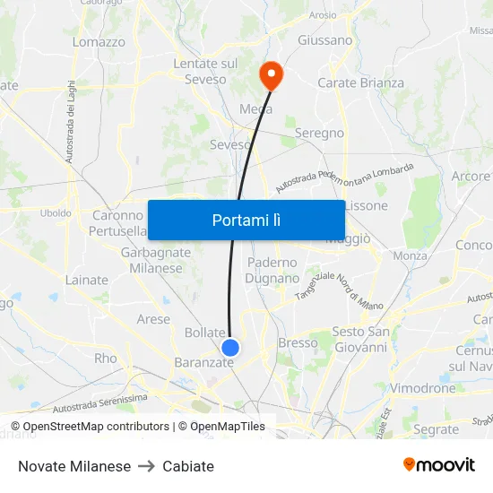 Novate Milanese to Cabiate map