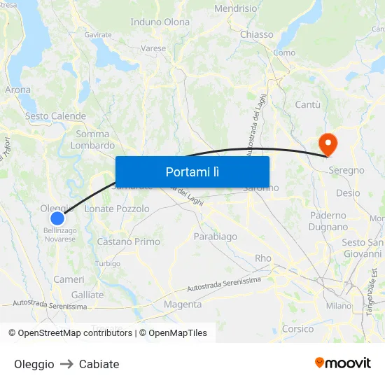 Oleggio to Cabiate map