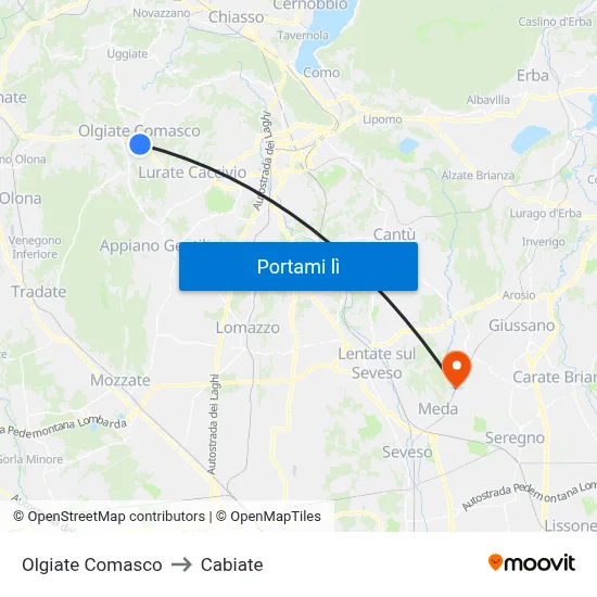 Olgiate Comasco to Cabiate map