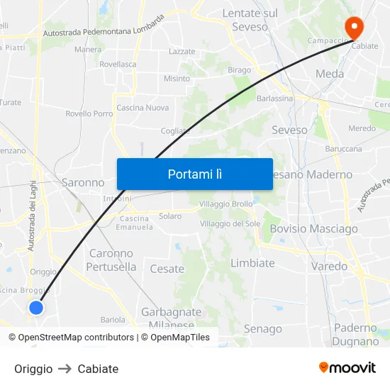 Origgio to Cabiate map