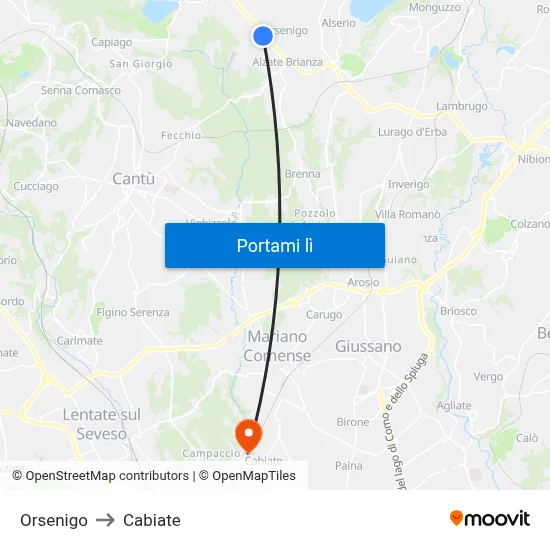 Orsenigo to Cabiate map