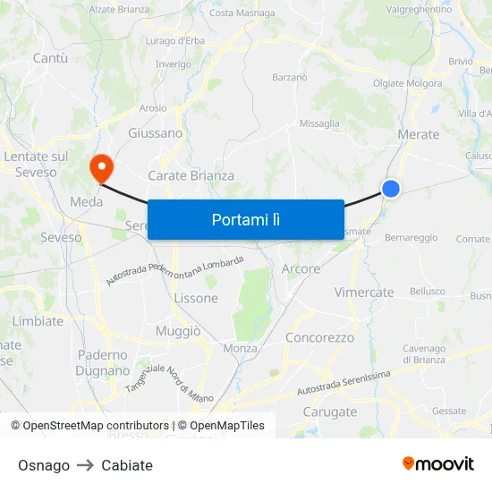 Osnago to Cabiate map